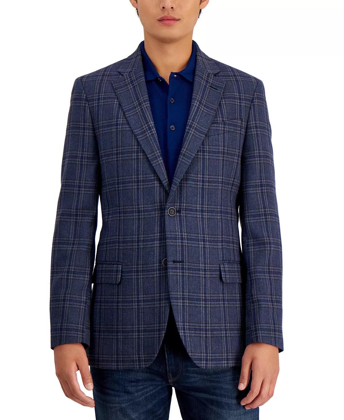 Nautica Men's Sport Coat Navy Blue 48R Modern-Fit Plaid Tweed