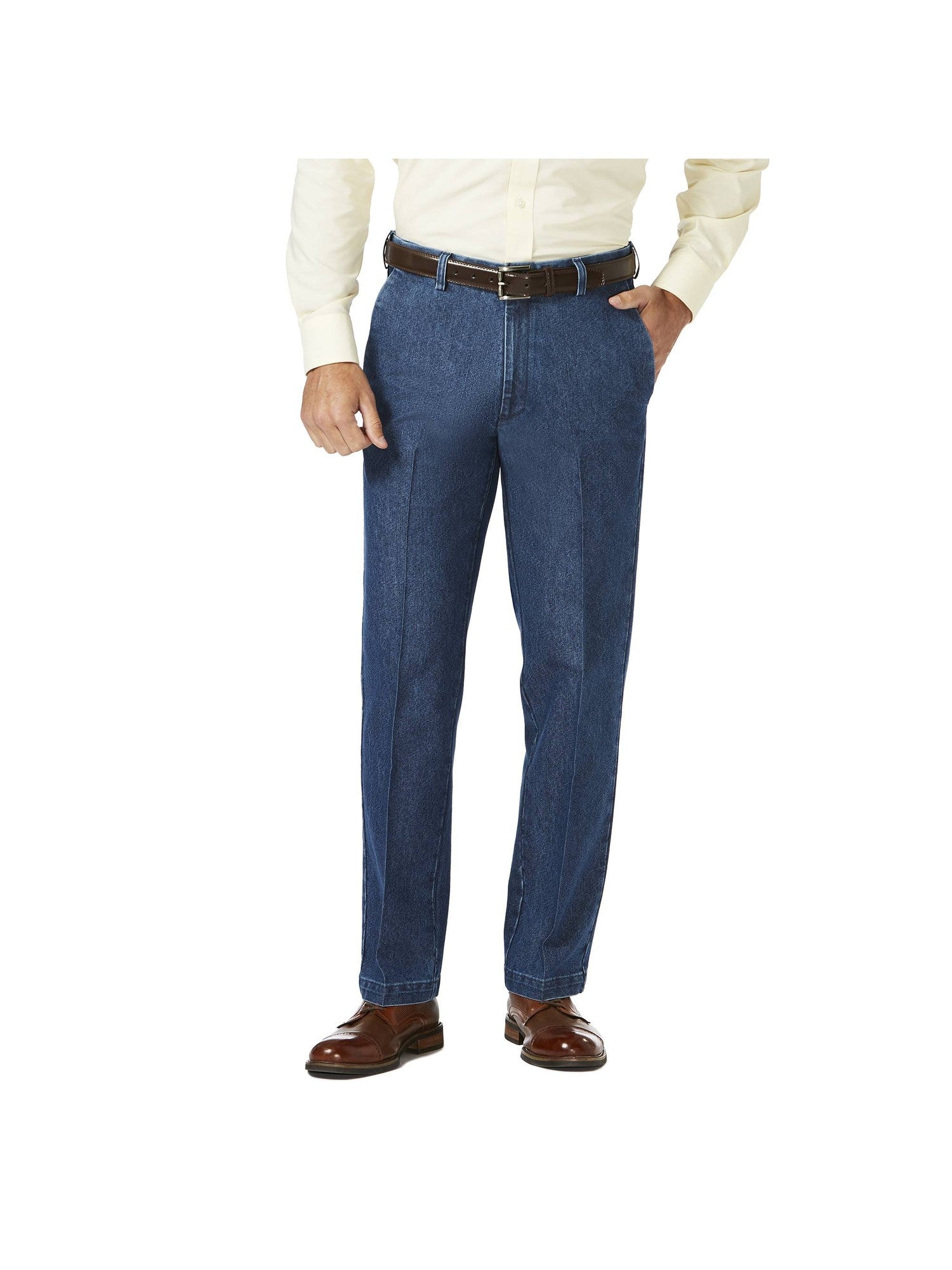 Haggar Men's Stretch Denim Flat Front Trouser Pants Classic Fit 42 x 30