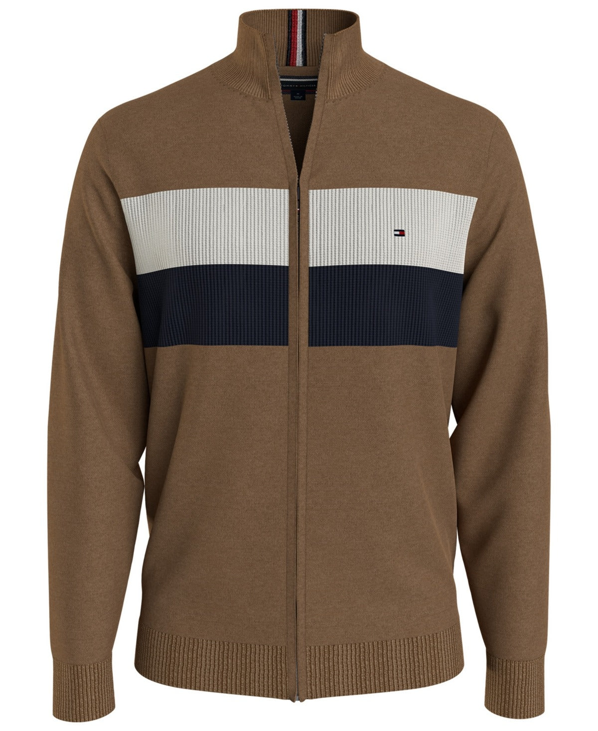 Tommy Hilfiger Mens Colorblocked Stripe Full Zip Sweater XS Desert Khaki Brown