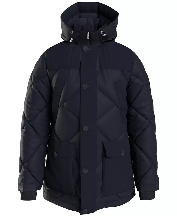 Tommy Hilfiger Men's Diamond Quilted Down Rockie Parka Coat Large Navy Blue