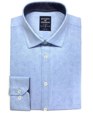 Society of Threads Mens Slim Fit Button Down Shirt Non Iron Blue XL