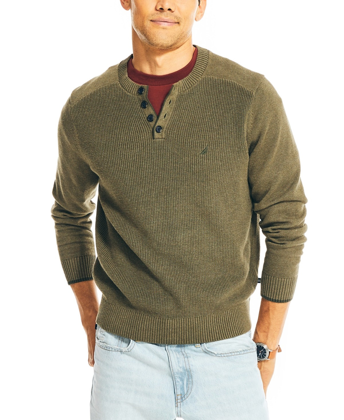 Nautica Men's Textured Henley Sweater Olive Green 3XL XXXL