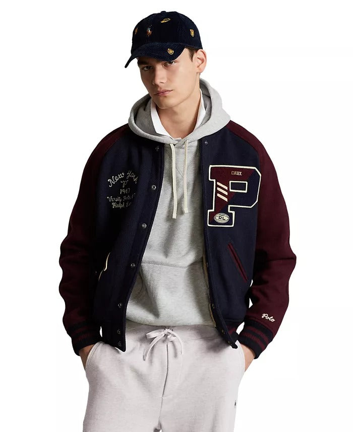 Polo Ralph Lauren Men's Wool Blend Letterman Varsity Jacket XL Navy Blue