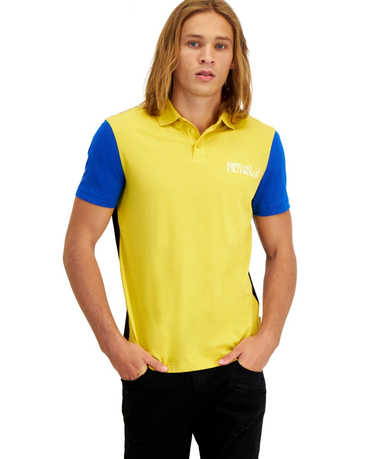 A|X ARMANI EXCHANGE Men's Colorblocked Short Sleeve Polo Shirt Large Yellow