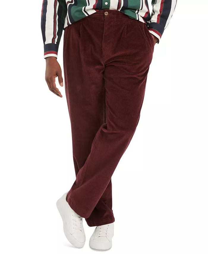 Tommy Hilfiger Men's Double Pleat Corduroy Pants 40 x 32 Burgundy Wine Red