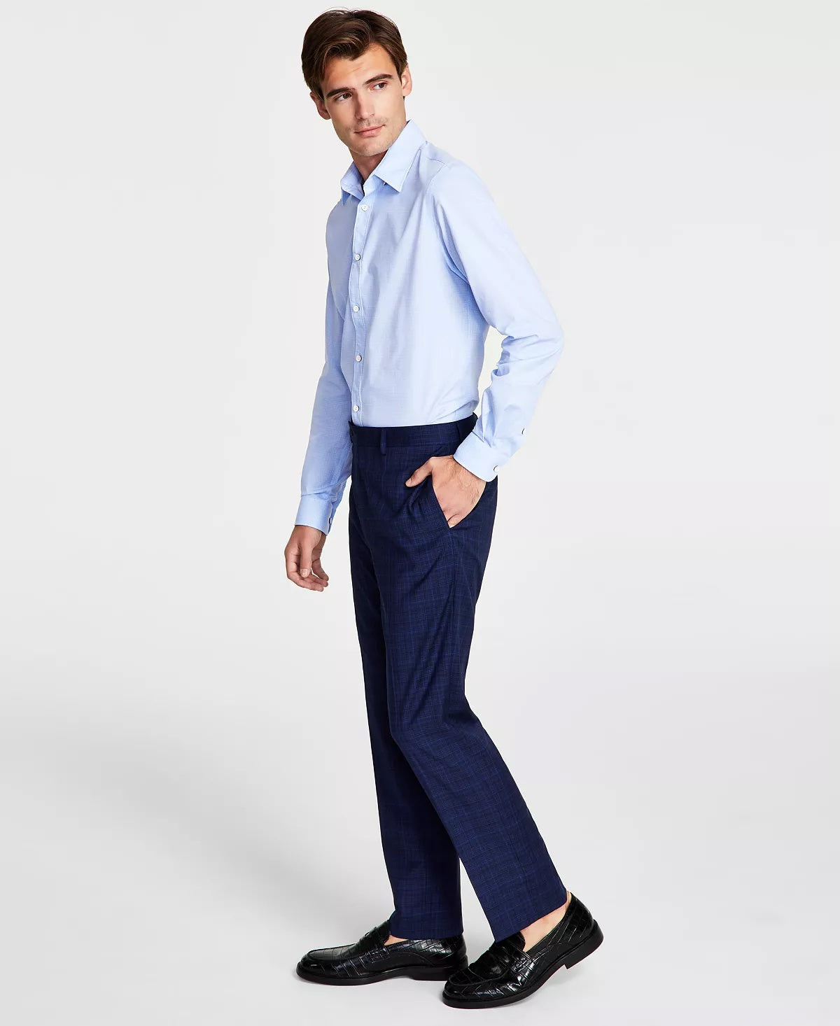 Calvin Klein Mens Slim Fit Dress Pants Plaid Blue 33 x 30