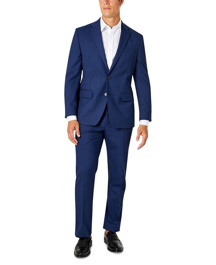 Van Heusen Mens Classic fit 2 Piece Suit 38 R / 31 Waist Navy Blue Plaid Stretch