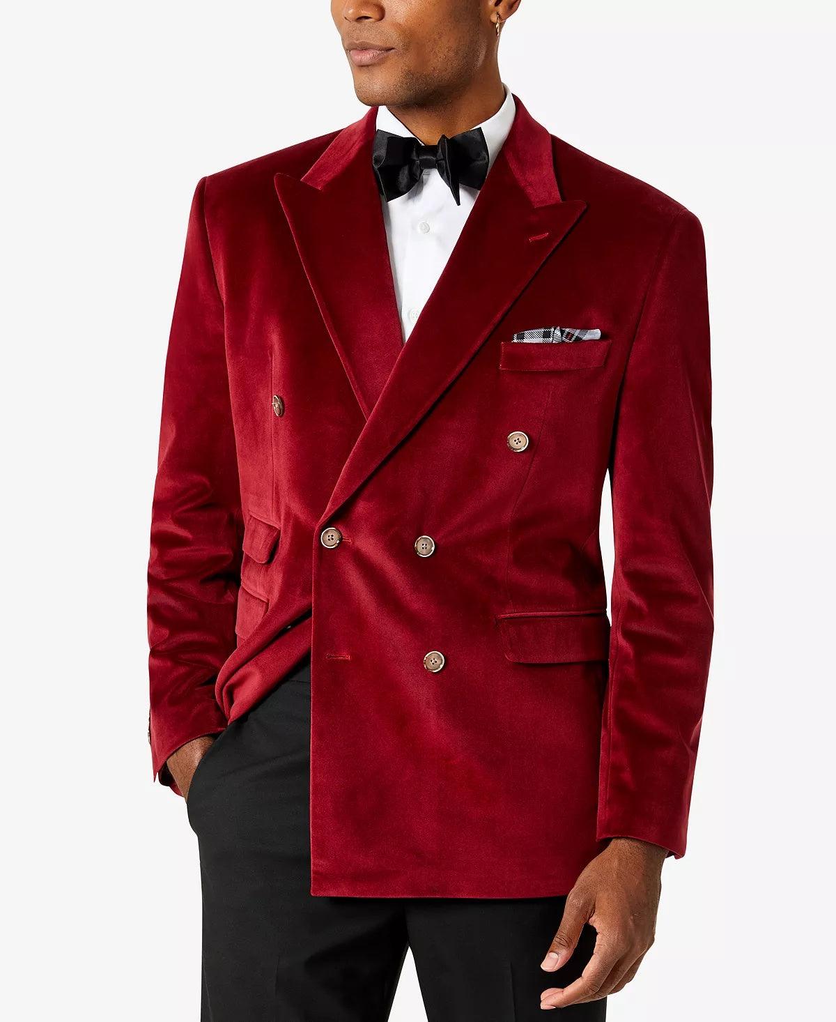 Tayion Collection Mens Classic Fit Double Breasted Velvet Suit Jacket Red 44L