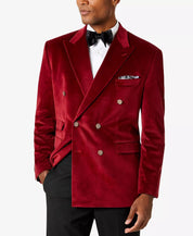 Tayion Collection Mens Classic Fit Double Breasted Velvet Suit Jacket Red 44L