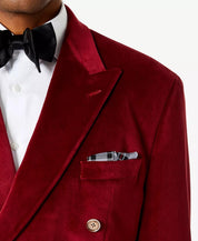 Tayion Collection Mens Classic Fit Double Breasted Velvet Suit Jacket Red 44L