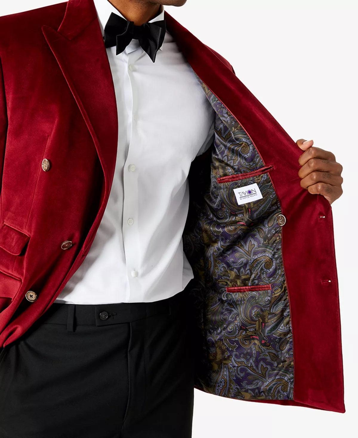 Tayion Collection Mens Classic Fit Double Breasted Velvet Suit Jacket Red 44L