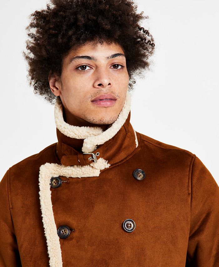 GUESS Mens Faux Shearling Overcoat Coat Small Brown Solid