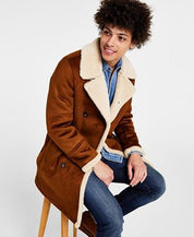 GUESS Mens Double Breasted Faux Shearling Overcoat Brown Medium