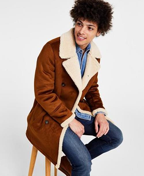 GUESS Mens Faux Shearling Overcoat Coat Small Brown Solid