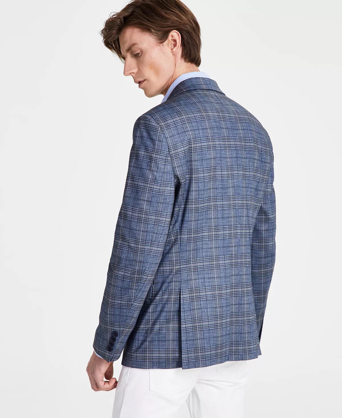 Bar III Mens Slim Fit Blue Plaid Sport Coat Blue Tan 40L