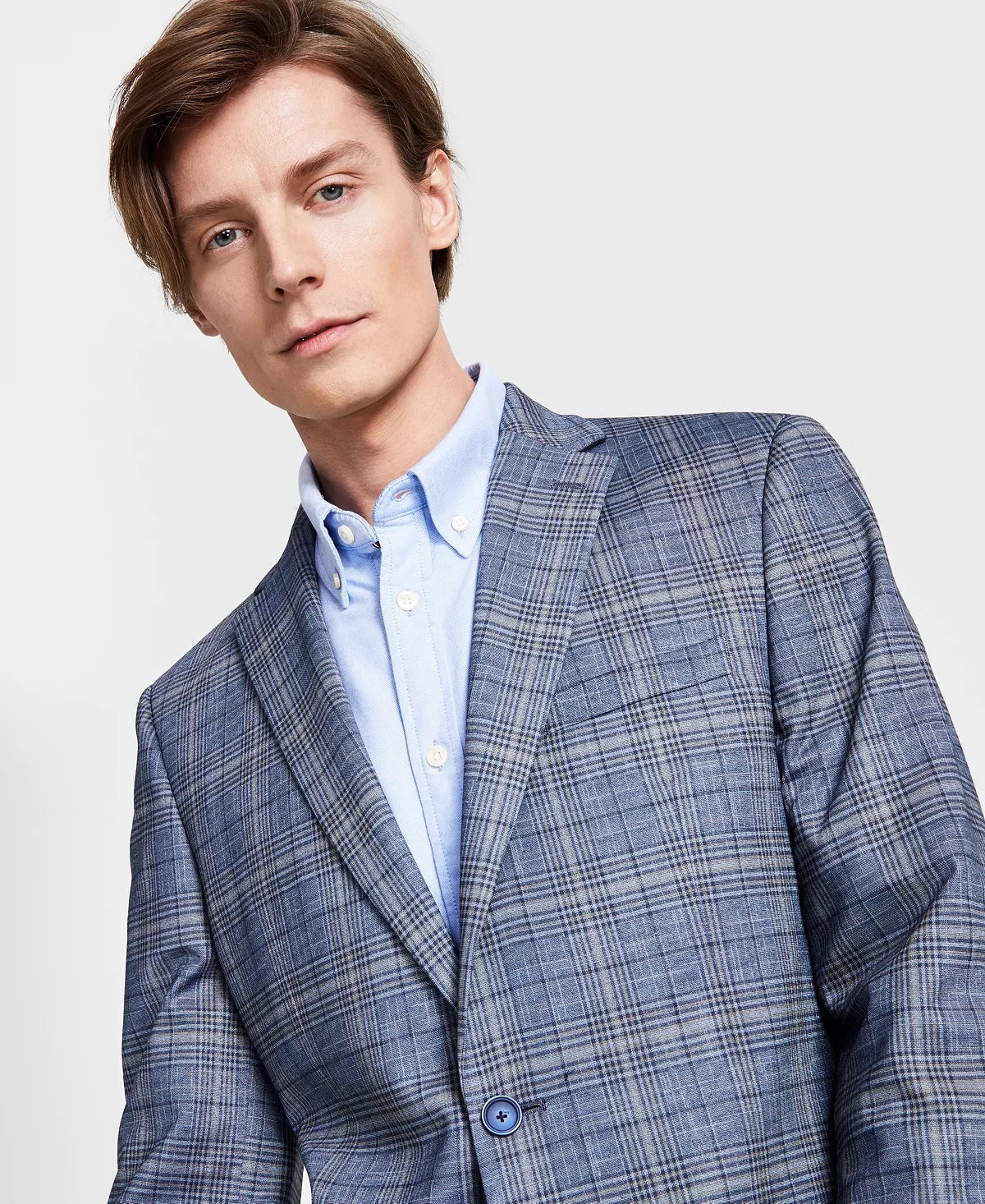 Bar III Men's Slim Fit Blue Plaid Sport Coat Blue Tan 38S