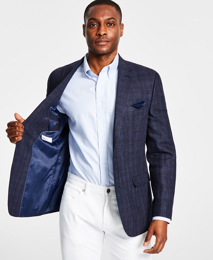 Bar III Mens Slim Fit Windowpane Sport Coat Navy Blue 40L
