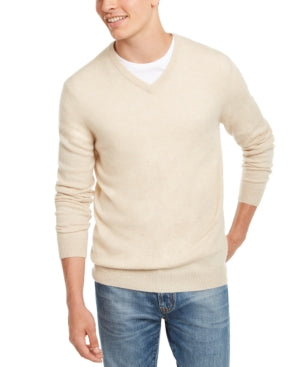 Men's Vneck Cashmere Sweater Oatmeal Heather Beige Xxl