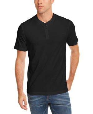 Club Room Men's Shirt Sleeve Shirt Solid Henley Deep Black Medium