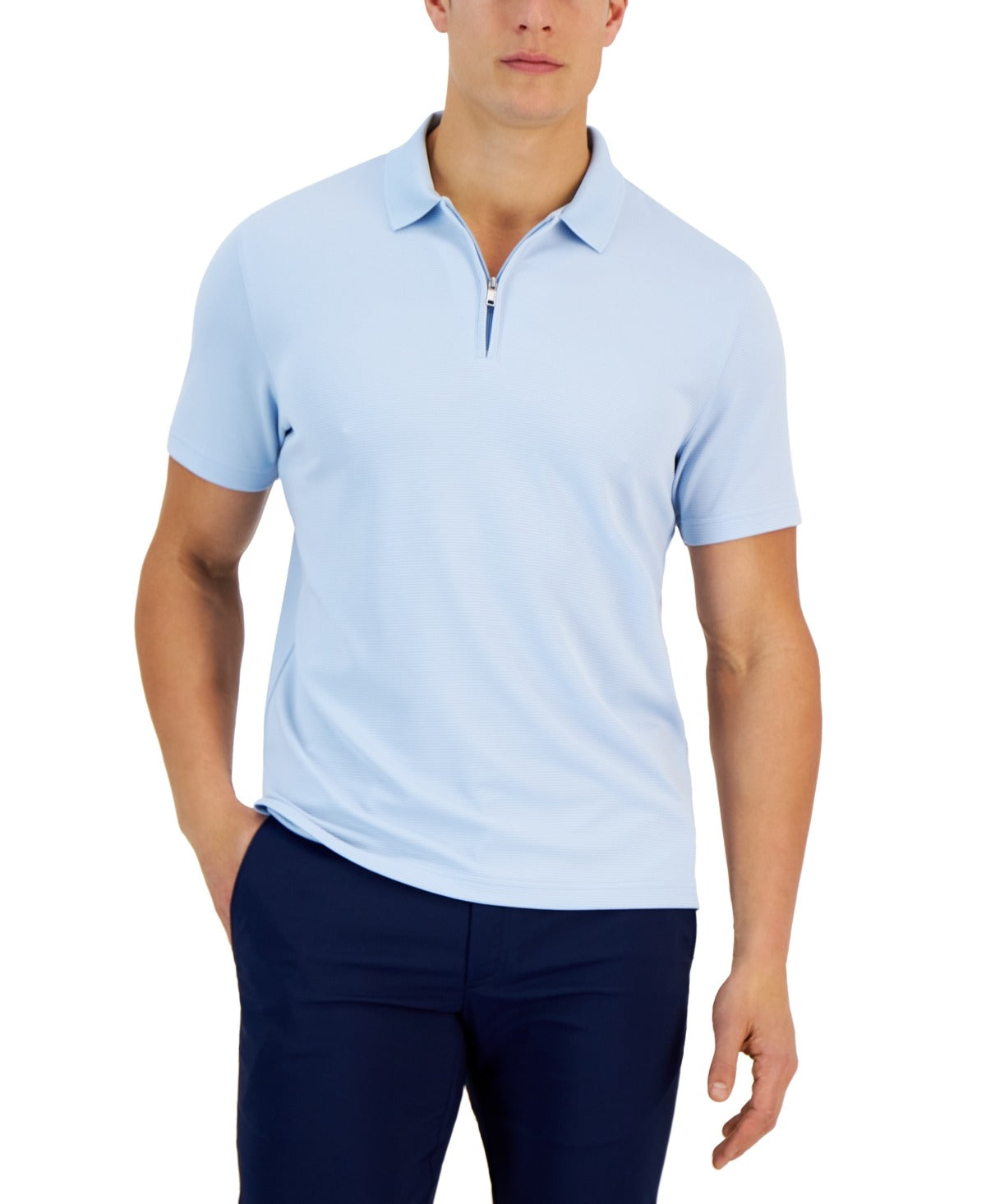 ALFANI Men's Ottoman Zip Polo Zip Collar Shirt XL Light Blue