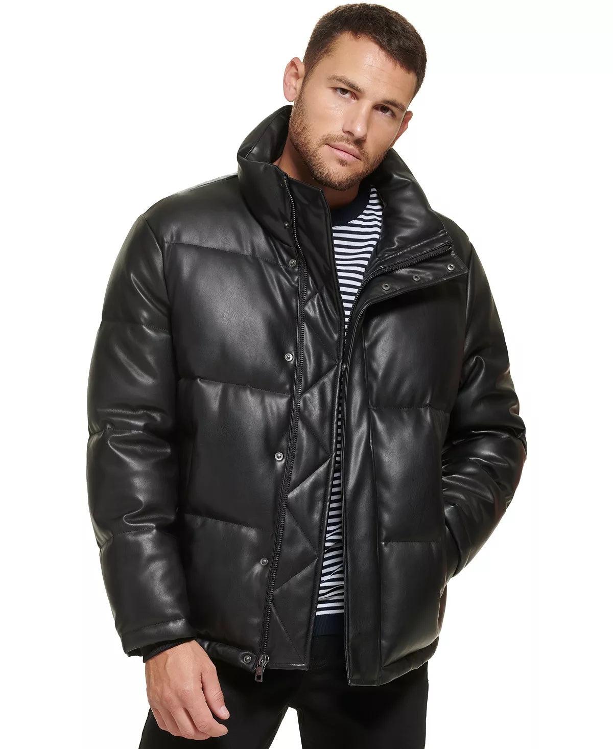 Calvin Klein Men's Faux Leather Coat Puffer Jacket Black Medium