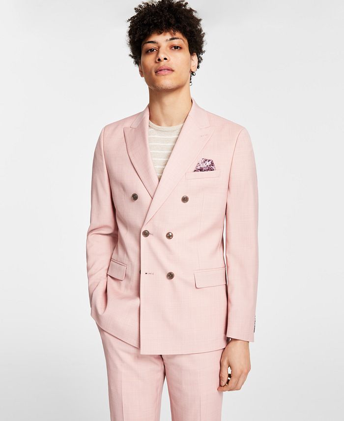 Bar III Men's Wool Sharkskin Double Breasted Pink Suit Jacket 40S