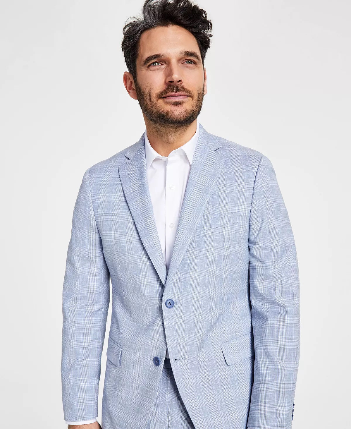 Alfani Mens Slim fit Suit Jacket Blazer 44 R Light Blue Plaid Stretch