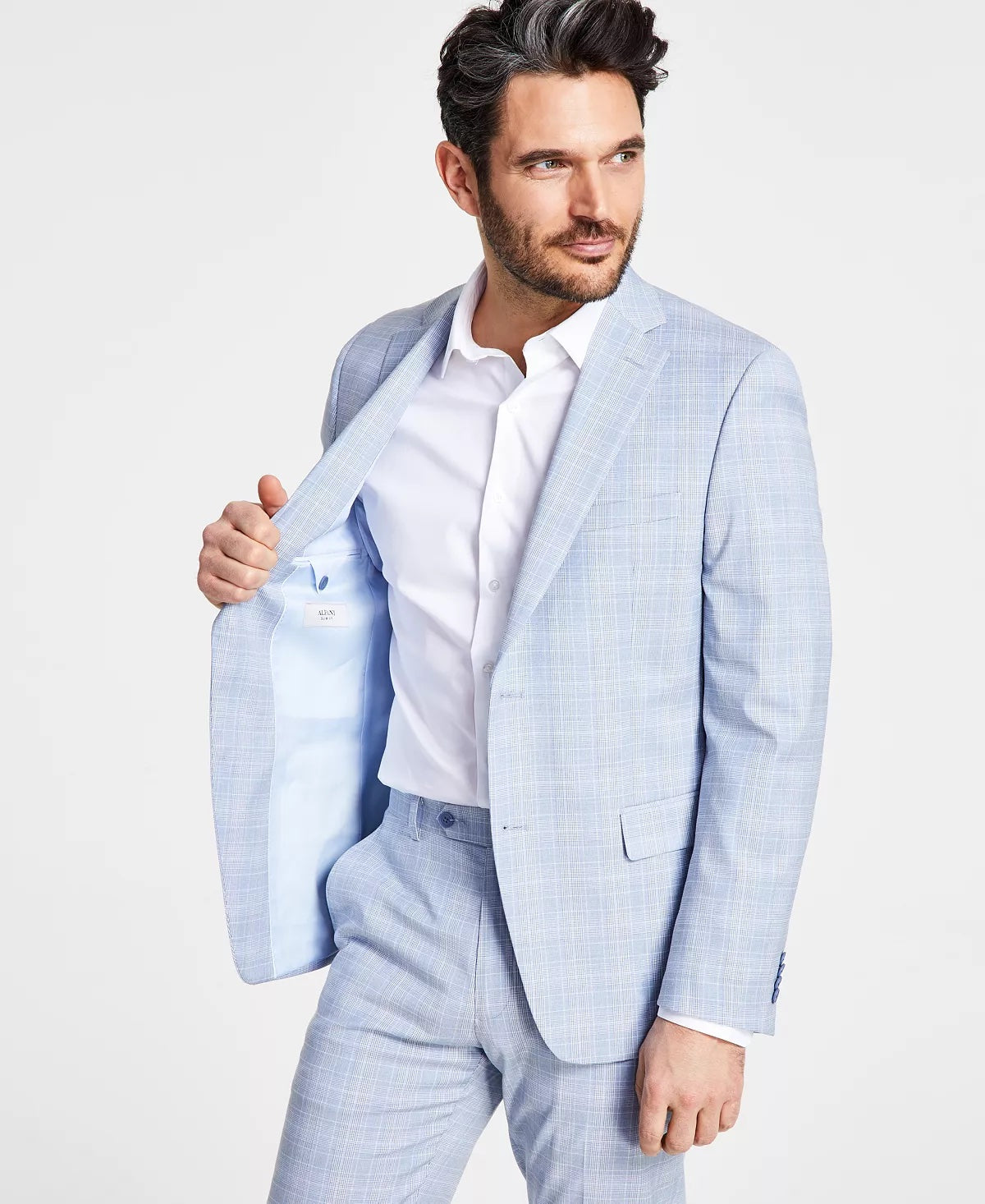 Alfani Mens Slim fit Suit Jacket Blazer 46 R Light Blue Plaid Stretch