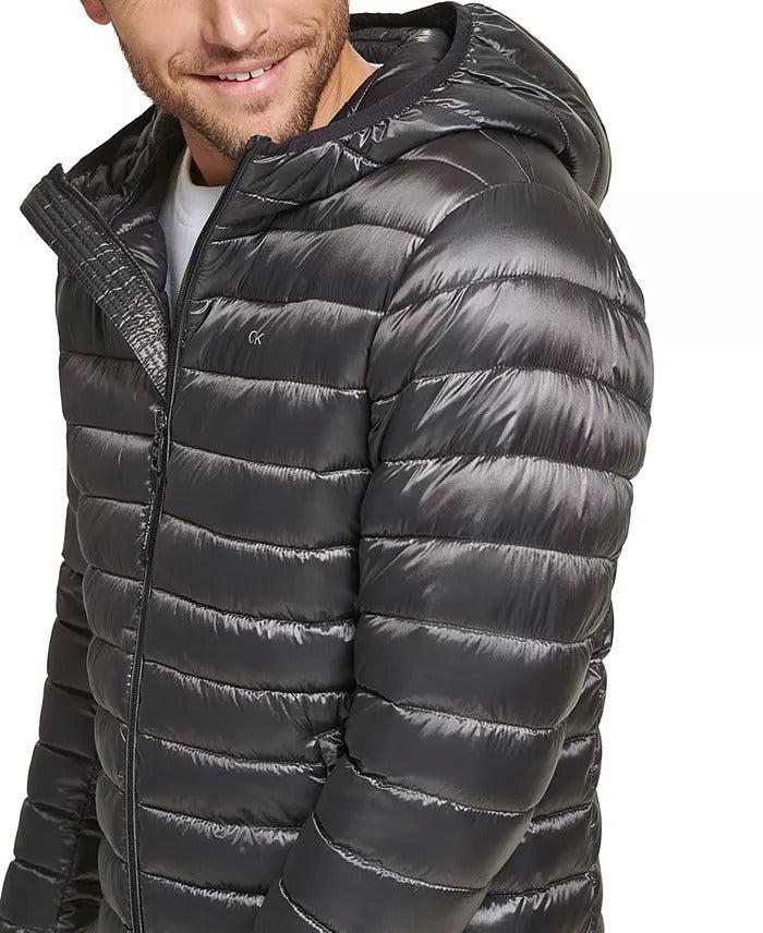Calvin Klein Mens Packable Down Hooded Puffer Jacket Coat Granite Grey XS