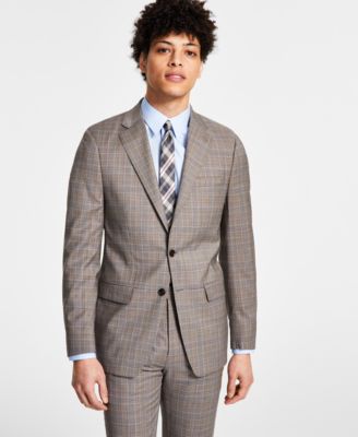 Calvin Klein Mens Slim Fit Plaid Wool Stretch Suit Jacket Brown 38S