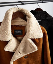 GUESS Mens Double Breasted Faux Shearling Overcoat Brown Medium