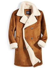 GUESS Mens Double Breasted Faux Shearling Overcoat Brown Medium