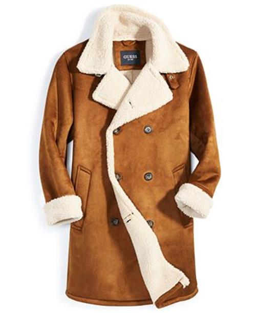 GUESS Mens Faux Shearling Overcoat Coat Small Brown Solid