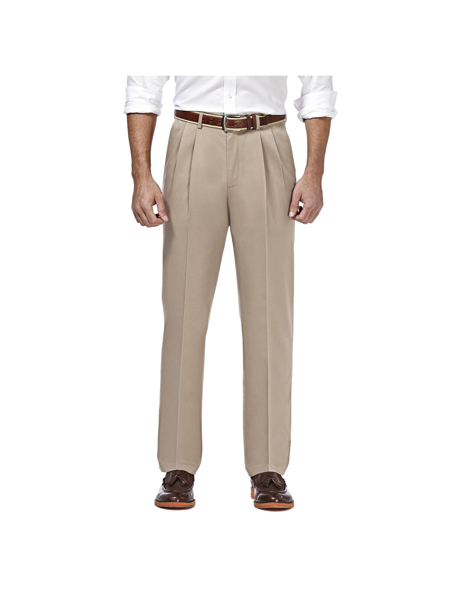 Haggar Mens Premium No Iron Khaki Pleat Front Dress Pants Beige 34 x 30