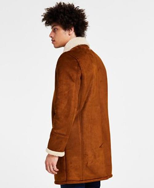 GUESS Mens Faux Shearling Overcoat Coat Small Brown Solid