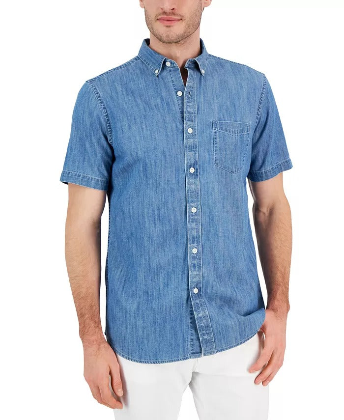 CLUB ROOM Men's Chambray Short-Sleeve Button-Down Pocket Shirt Small Blue
