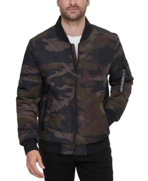 CALVIN KLEIN Men's Quilted Baseball Jacket Large Black Camo Green Rib-Knit Trim