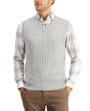 Club Room Mens Cable Knit V Neck Sweater Soft Grey Medium
