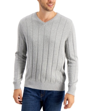 Club Room Men's Drop-Needle V-Neck Sweater Soft Grey Heather Large