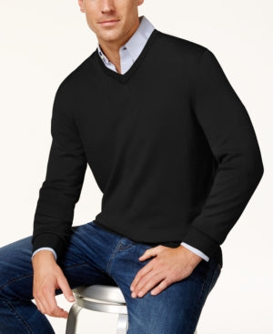 Men's Black V-Neck Merino Wool Blend Sweater Small