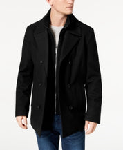 Kenneth Cole Mens Regular Fit Double Breasted Peacoat with Bib Black XXL