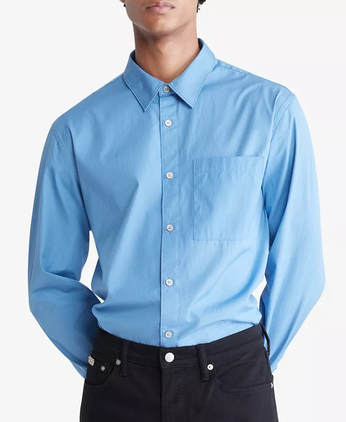 CALVIN KLEIN Men's Solid Patch Pocket Button Down Easy Shirt XL Blue