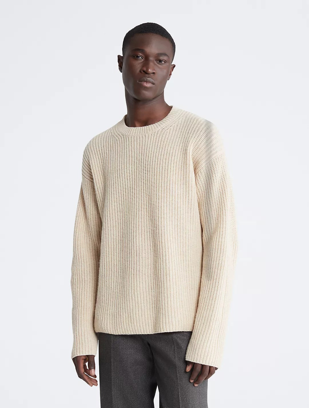 Calvin Klein Mens Ribbed Wool Blend Crewneck Sweater XL Oatmeal Tan Beige