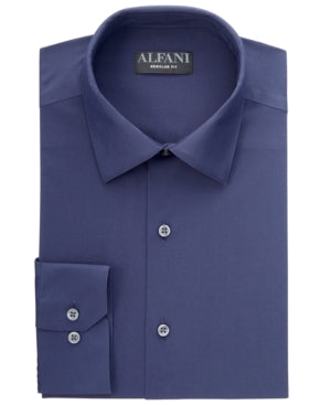 Alfani Mens Solid Button Down Dress Shirt Navy Blue 17 17.5 32 33