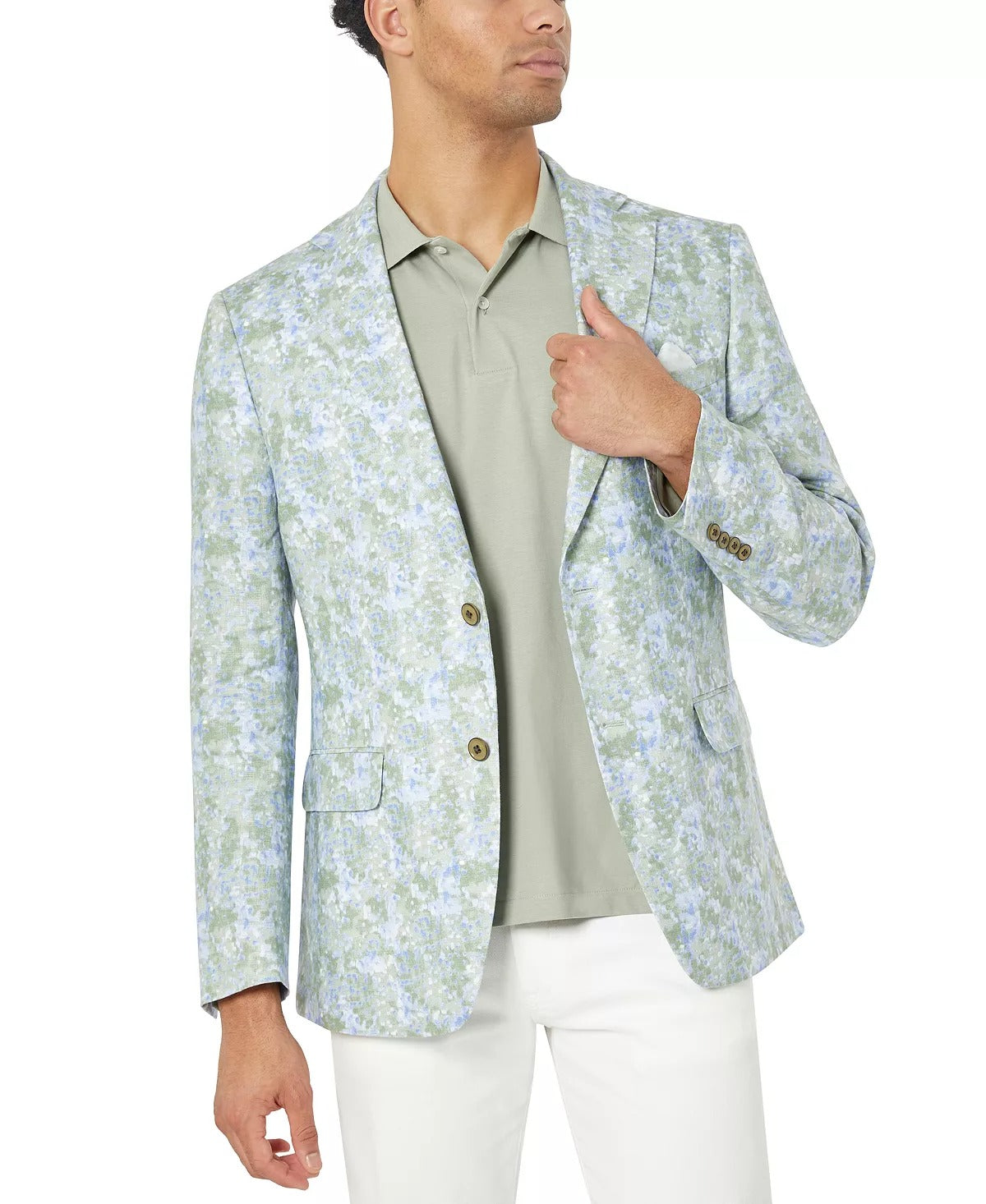 Tallia Mens Slim-Fit Linen Sport Coat Blue Green Floral 44S