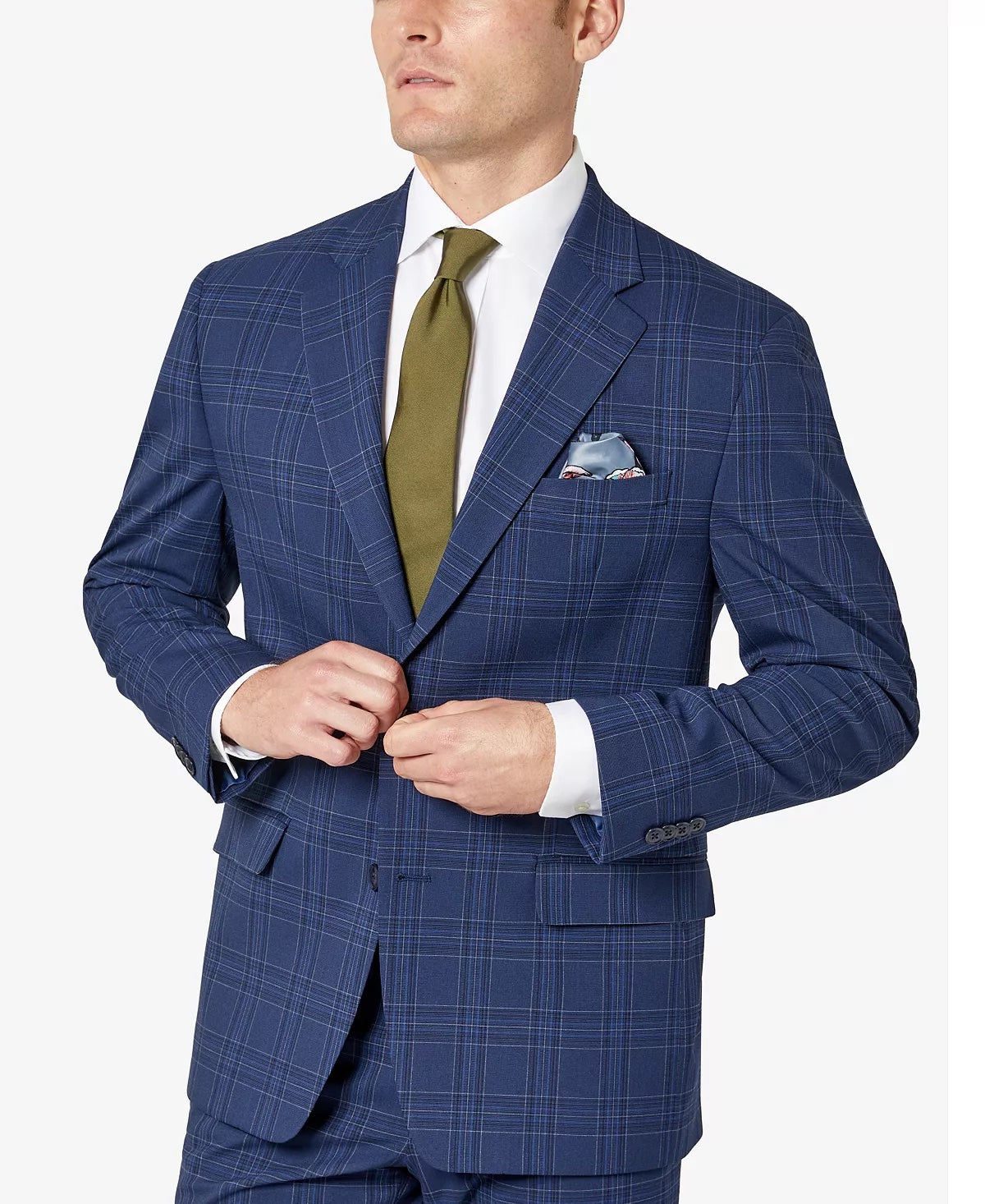 Sean John Mens Classic Fit Blue Plaid Pattern Suit Jacket 36S