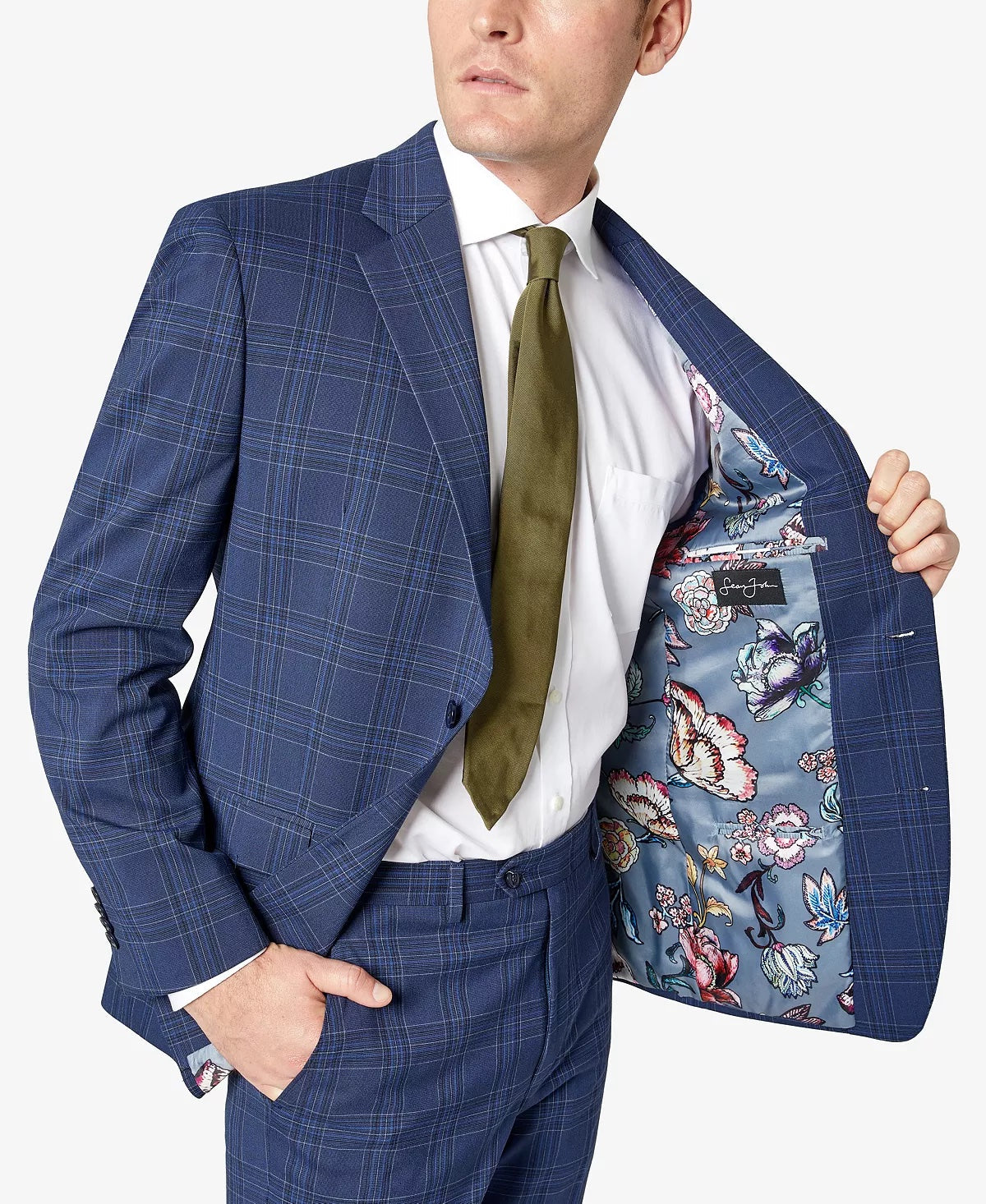 Sean John Men's Classic Fit Patterned Suit Jacket Blue Plaid 38S