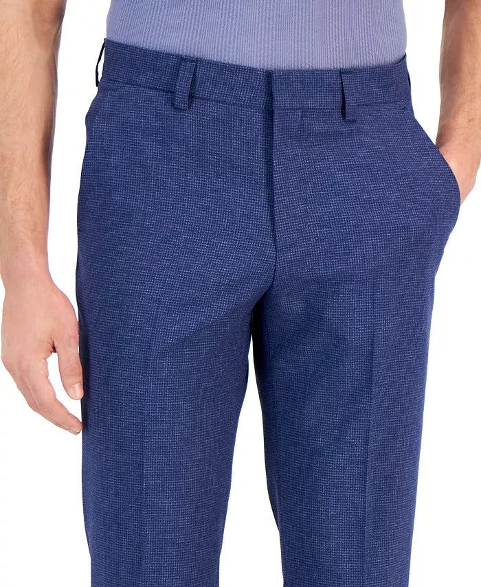 HUGO Boss Mens Modern-Fit Micro-Grid Dress Pants Size 40 Blue Wool