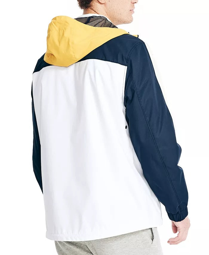 NAUTICA Men's Quarter-Zip Colorblocked Hooded Anorak Jacket Medium Blue White