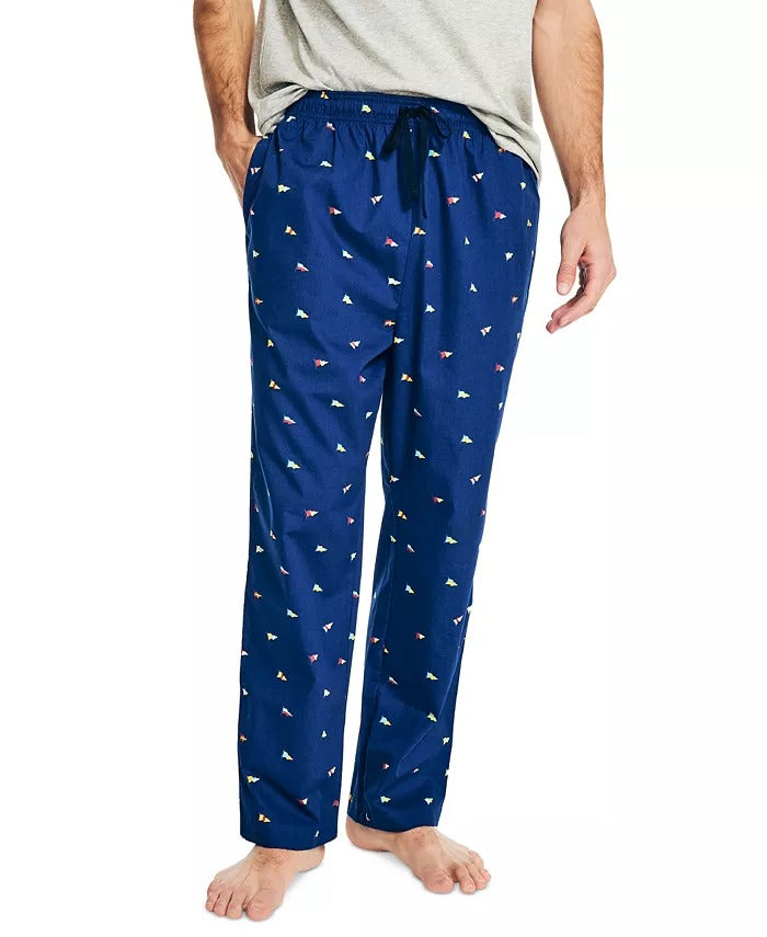NAUTICA Men's Classic-Fit Nautical-Print Poplin Sleep Pajama Pants Medium Navy